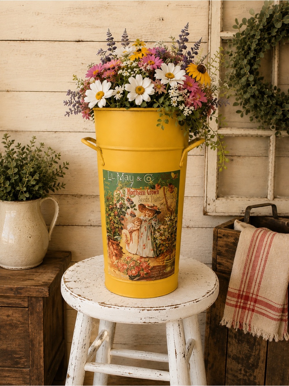 Vintage-Style Yellow Decorative Metal Flower Vase with Garden Decal